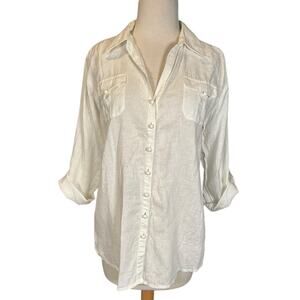 Quiet Luxury Cabi White Linen Shirt Dress Tunic Button Front Smocked Waist Med